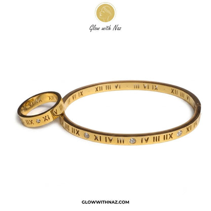 Timeless Roman Numeral Stainless Steel Hand Cuff Bracelet & Ring - Timeless Roman Numeral Stainless Steel Hand Cuff Bracelet & RingJewelryGlow With NazGlow With Naz7Gold bangles with Roman numeral design on a white background girls bracelet, bracelet for girls, simple bracelet, chain bracelet, bracelet chain, bracelet watch, hand bracelet, black jewellery, bracelet, ring bracelet, aesthetic bracelet, bracelet for women, bracelet set, cartier bracelet, cute bracelet, jewellery bracelet, bracelets