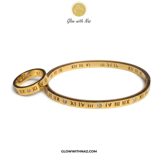 Timeless Roman Numeral Stainless Steel Hand Cuff Bracelet & Ring - Timeless Roman Numeral Stainless Steel Hand Cuff Bracelet & RingJewelryGlow With NazGlow With Naz7Gold bangles with Roman numeral design on a white background girls bracelet, bracelet for girls, simple bracelet, chain bracelet, bracelet chain, bracelet watch, hand bracelet, black jewellery, bracelet, ring bracelet, aesthetic bracelet, bracelet for women, bracelet set, cartier bracelet, cute bracelet, jewellery bracelet, bracelets
