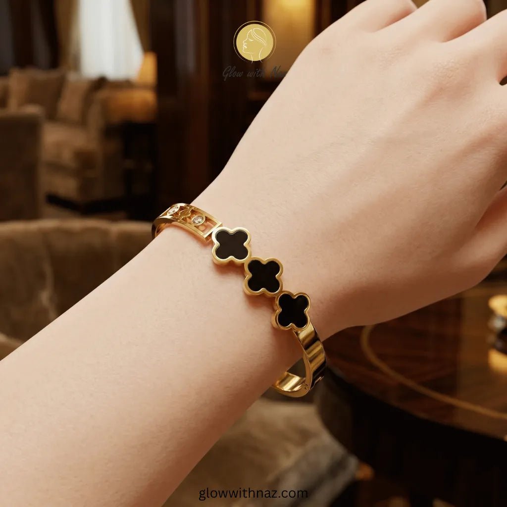 Triple Noir Clover Crystal Hand Cuff Bracelets - Triple Noir Clover Crystal Hand Cuff BraceletsJewelryGlow with NazGlow With NazN-B012N-B012Triple Noir Clover Crystal Hand Cuff Bracelets