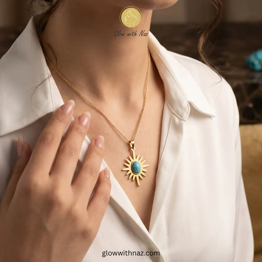 Shop the Celestial Sunburst Turquoise Necklace at Glow with Naz. Premium artificial jewelry in Pakistan. Elevate your style and shine every day.