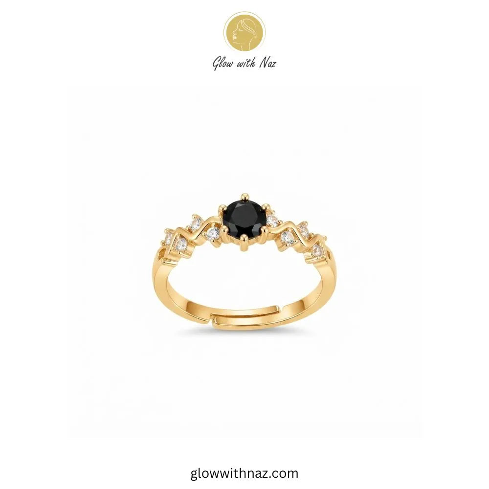 Zigzag black diamond gold ring featuring an onyx black solitaire stone and adjustable band by Glow With Naz
