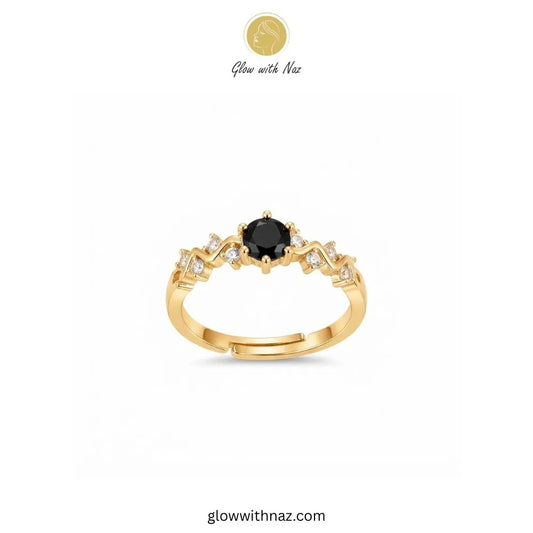 Zigzag black diamond gold ring featuring an onyx black solitaire stone and adjustable band by Glow With Naz