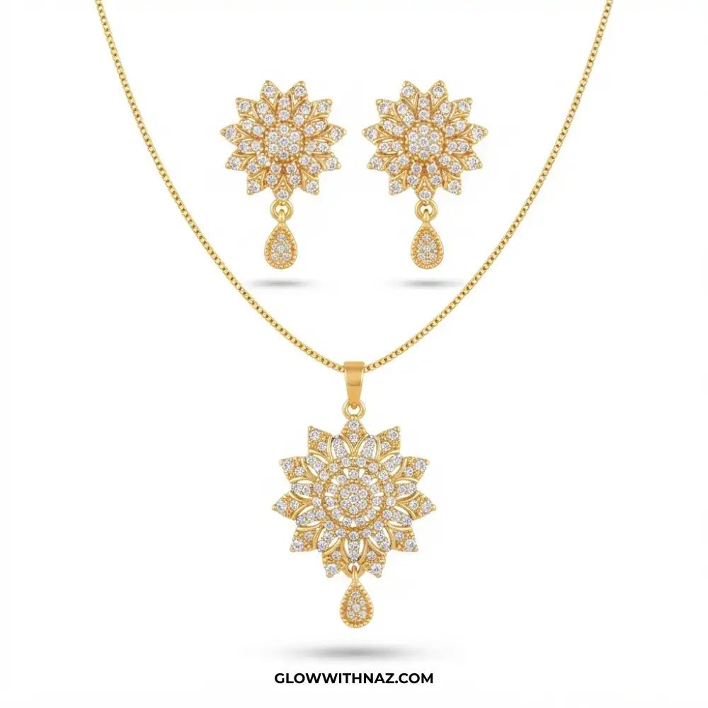 Zircon Burst Golden Drop Earring & Pendant Set - #Zircon Burst Golden Drop Earring & Pendant SetJewelryGlow With NazGlow With NazN0071Zircon Burst Golden Drop Earring & Pendant Set#