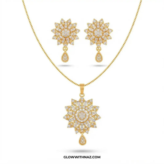 Zircon Burst Golden Drop Earring & Pendant Set - #Zircon Burst Golden Drop Earring & Pendant SetJewelryGlow With NazGlow With NazN0071Zircon Burst Golden Drop Earring & Pendant Set#