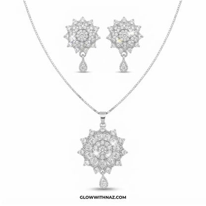 Zircon Burst Silver Drop Earring and Pendant Set - #Zircon Burst Silver Drop Earring and Pendant SetJewelryGlow With NazGlow With NazN0072Zircon Burst Silver Drop Earring and Pendant Set#