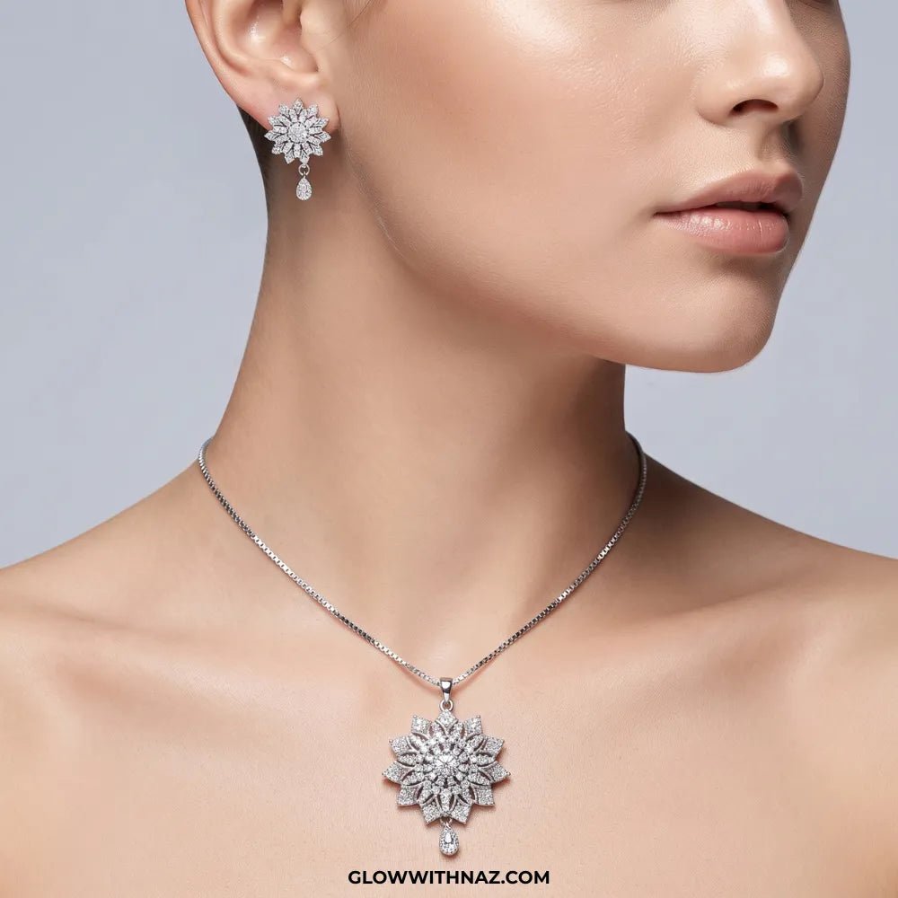 Zircon Burst Silver Drop Earring and Pendant Set - #Zircon Burst Silver Drop Earring and Pendant SetJewelryGlow With NazGlow With NazN0072Zircon Burst Silver Drop Earring and Pendant Set#